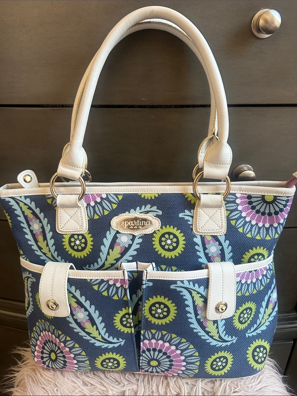 Spartina 449 Navy Floral Tote with White Trim